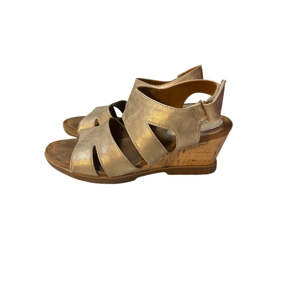 Eurosofft Gold‎ Metallic Wedge Sandals With Cork Heel & Adjustable Strap
